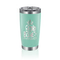 A 20 ounce tumbler that is robin egg colored. It has the Bones Coffee Company skull logo that has a skull that looks like a mug with steam coming out of the top of it.