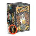 The front of the Bones Coffee Company Salted Caramel 12 Count Bones Cups box. Its flavor is salted caramel, and it has a skeleton wearing sunglasses and an apron sprinkling salt on caramel on the art.